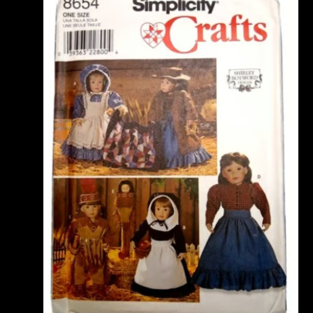 Simplicity 8654 Pilgrim, Prairie, Western, 18" Doll Clothing Pattern